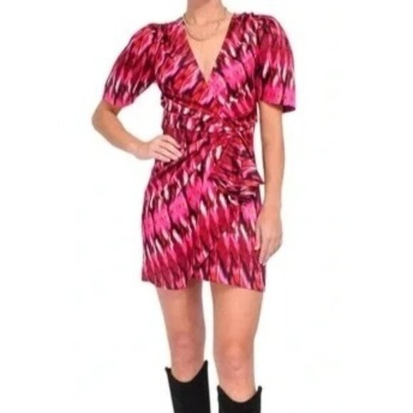 Misa Los Angeles Amina Mini Wrap Dress Pink Red Abstract Short Sleeve USA XS - Picture 1 of 12